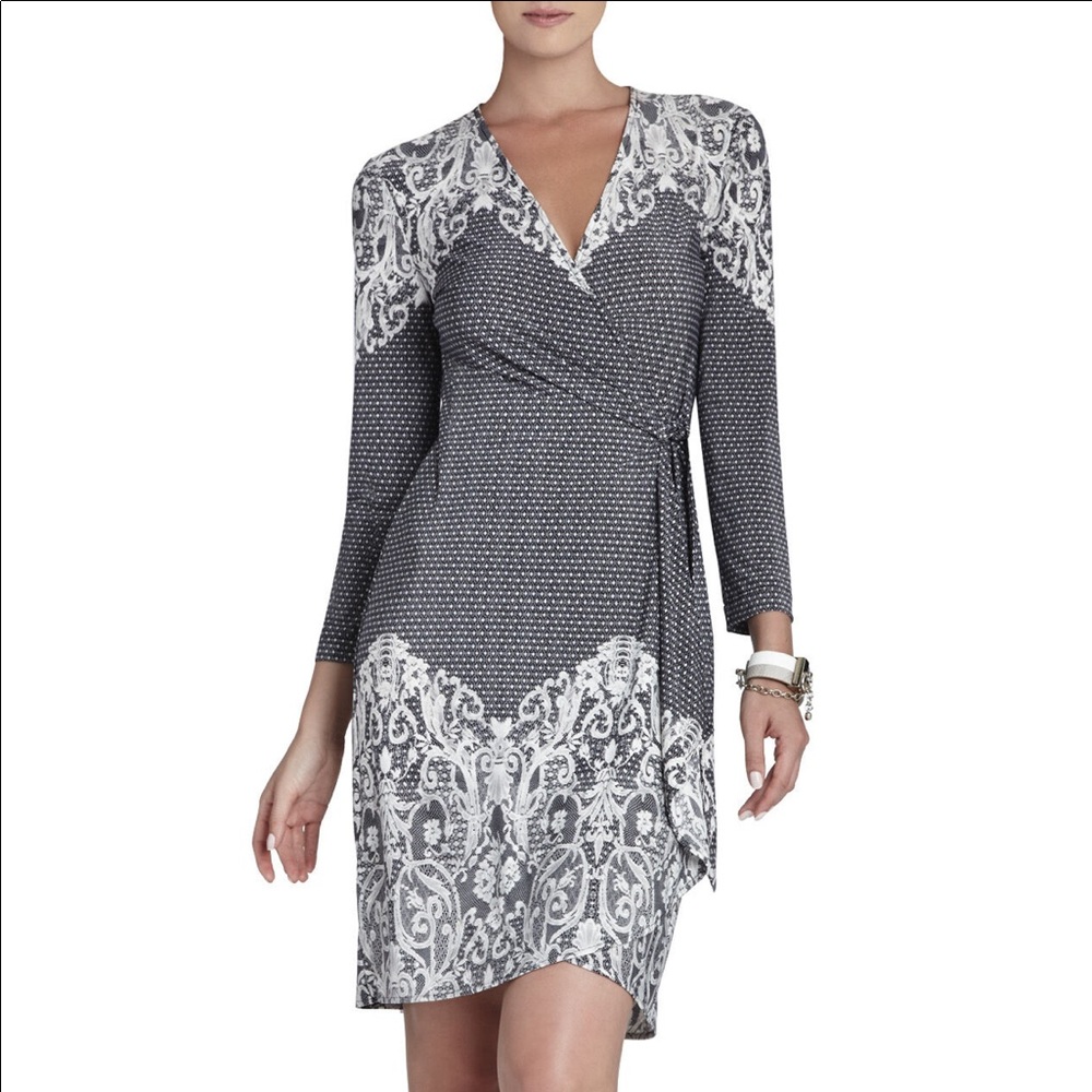 BCBGMaxAzria Adele Lace-Printed Wrap Dress Black M